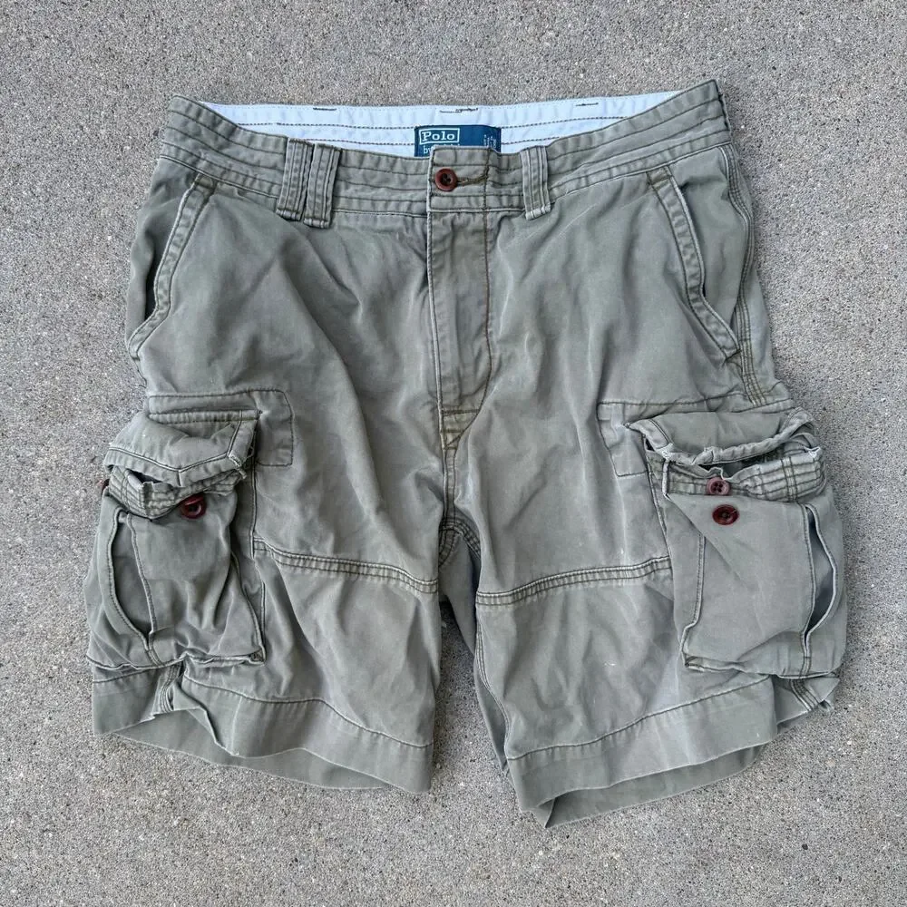 Y2K Polo Ralph Lauren Khaki Tan Olive Paratrooper Cargo Shorts Size 34